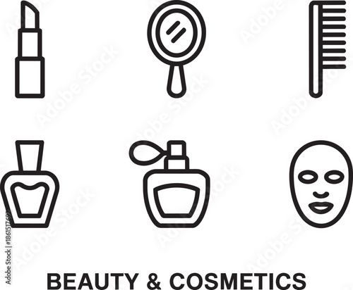 Beauty and cosmetics line icons, lipstick mirror comb perfume nail polish set