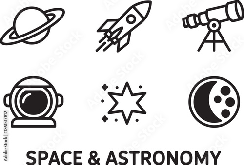 Space and astronomy icons including planet saturn rocket telescope astronaut helmet star explosion and moon crater view