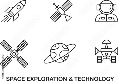 Space exploration and technology line icons, rocket satellite astronaut planet rover set