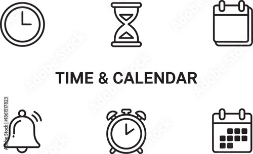Time and calendar line icons set analog clock hourglass ringing bell schedule