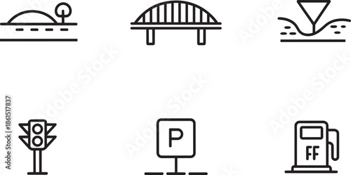Transportation and infrastructure icon set featuring bridge traffic sign road elements parking signal