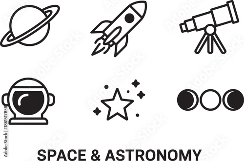 Space and astronomical symbols featuring saturn rocket telescope astronaut helmet star cluster and multiple moon phases