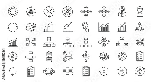Set of business chart icons isolated on, representing data analysis, workflow, organization, and strategic planning