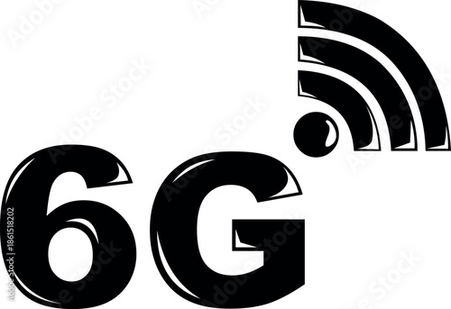 black and white vector illustration of the 6g text combined with a wifi signal icon. concept for next generation wireless technology, ultra fast mobile network, and future connectivity