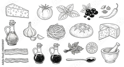 Hand drawn italian food ingredients isolated on cheese, tomato, basil, olives, pepper, oil, garlic, pasta, bread and mortar