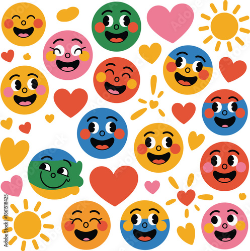 Colorful smiling emoji faces with hearts and suns in a playful pattern smile happy vector illustration EPS file download.
