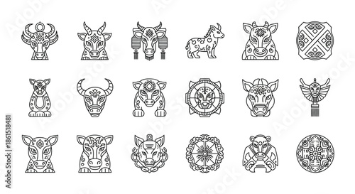 Collection of thin line icons representing various aspects of chinese zodiac year of the ox isolated on includes ox and decoration
