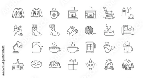 Collection of hygge icons isolated on set of outline icons of cozy home things, winter holidays and hot drinks in vector