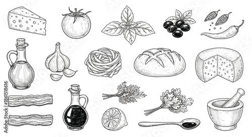 A collection of food ingredients for italian cuisine, including cheese, tomato, basil, and olive isolated on
