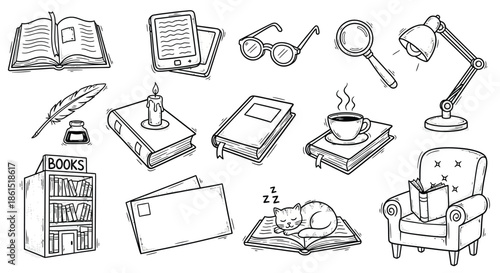 Cozy reading doodle set isolated on hand drawn vector illustration of books, glasses, lamp, armchair and other elements