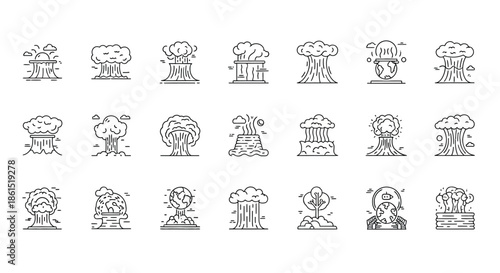 Set of nuclear explosion line icons isolated on contains such icons as mushroom cloud, atomic bomb, radiation and more