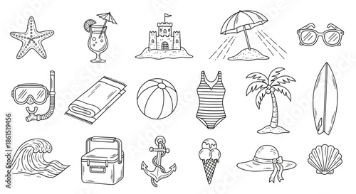 Summer outline icon set isolated on collection of linear summer icons beach, vacation, travel, holiday, sea, sun, relax, fun