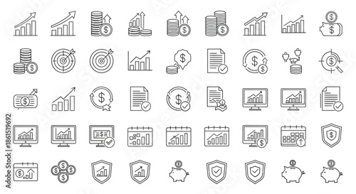 Business and finance line icons set isolated on contains such icons as graph, money, target, document and more