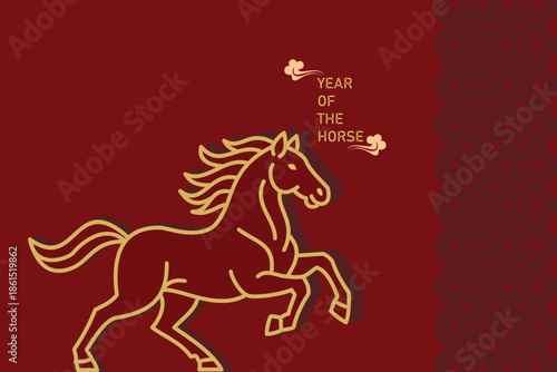 Chinese New Year Year of the Horse zodiac animal minimalist red gold illustration. ideal for Chinese New Year posters, greeting cards, luxury branding, and festive backgrounds.