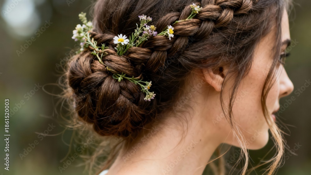 Naklejka premium Detailed view of young woman's brown hair styled in an intricate braid bun adorned with tiny white wildflower blossoms outdoors.