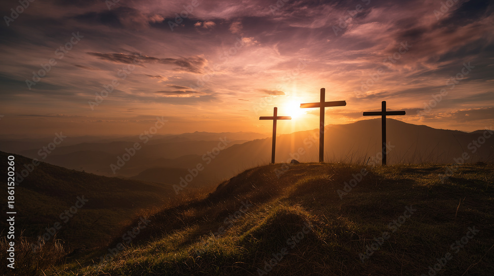 Obraz premium Three wooden crosses silhouetted on a hill at sunset symbolizing faith, hope, and spirituality.
