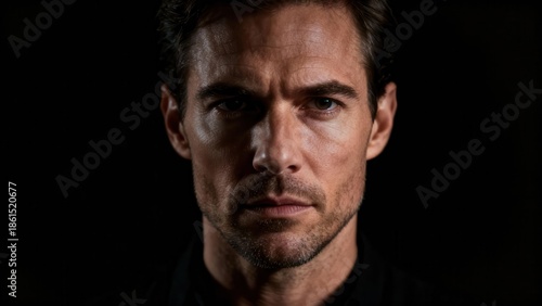 Serious Caucasian adult man with dark hair staring intently at the camera in a dramatic low key  portrait.
