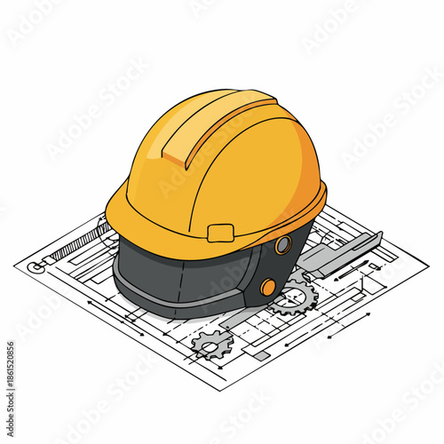 Isometric Detailed Yellow Hard Hat on Blueprint Construction Plan Illustration