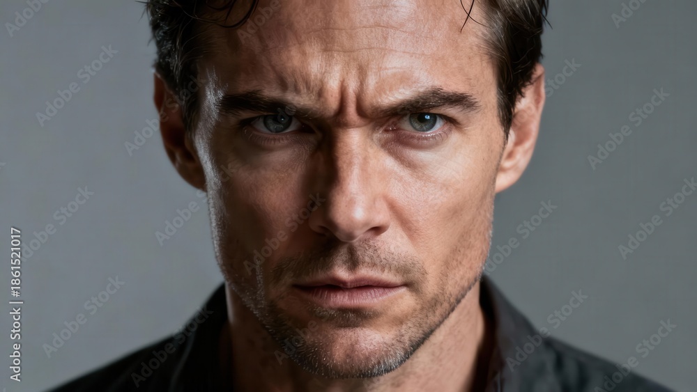 Obraz premium portrait of serious adult Caucasian male frowning intensely with deeply furrowed brow and dramatic facial shadows.