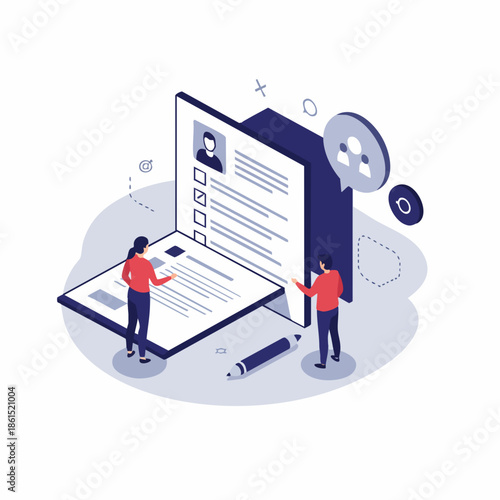 Isometric Illustration Job Application Form with Applicants Standing Around