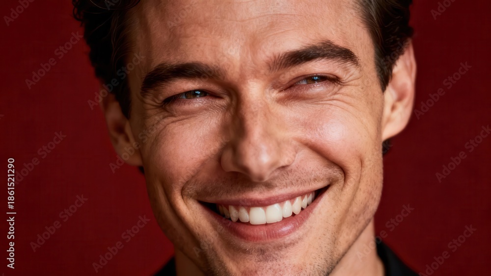 Fototapeta premium Handsome Caucasian man with short dark hair smiling widely revealing bright white teeth on a rich burgundy background.