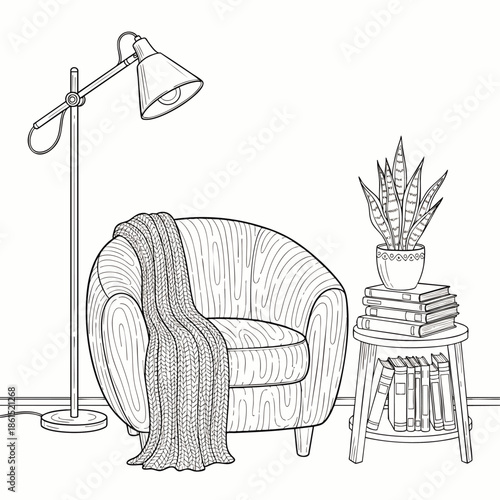Cozy reading nook with armchair, floor lamp, books, and houseplant in a simple line drawing style