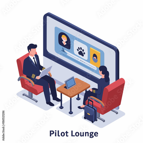 Isometric Detailed Pilot Lounge Waiting Room with Crew and Screen Illustration