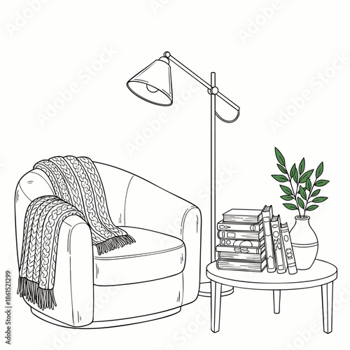 Cozy reading nook line art with armchair, blanket, floor lamp, books, and plant. Perfect for home comfort, relaxation, and interior design.