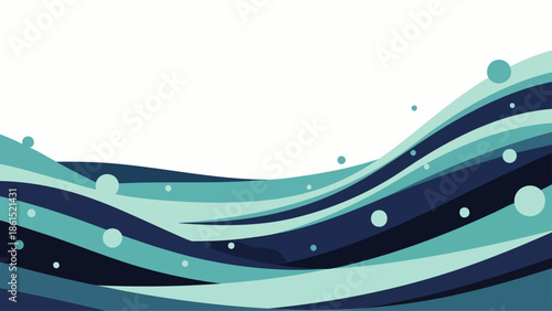 Abstract flowing water waves with bubbles, dynamic fluid motion, cool blue and teal colors, modern graphic design background