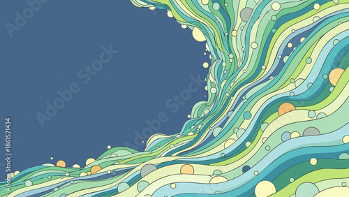 Abstract flowing waves and bubbles in shades of blue and green, organic fluid motion, dynamic background illustration