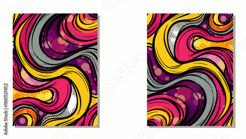 Vibrant abstract wavy lines and organic shapes with colorful splashes and glitter effect, dynamic background art