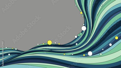 Abstract flowing waves of blue and green with floating bubbles, dynamic fluid motion background