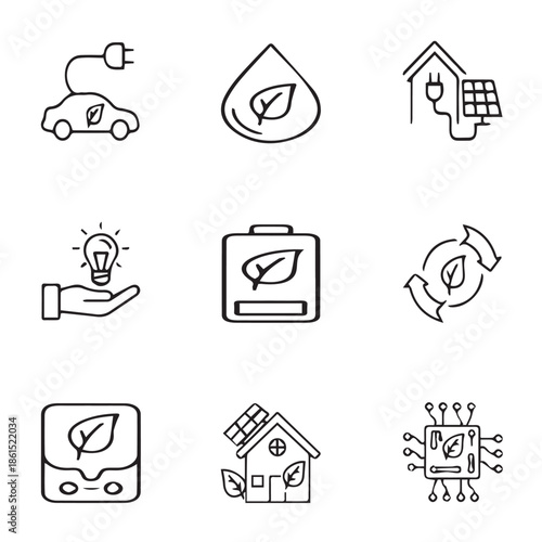 A set of eco friendly technology icons representing sustainable living and green energy solutions for a greener future
