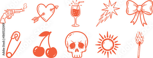 Valentines day hand drawn post stamps doodle sketch style illustrations