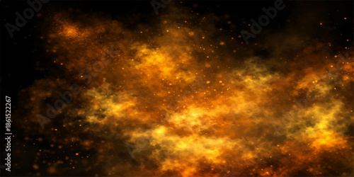 Abstract space galaxy background with an explosion of hot fire and orange energy light patterns over a dark grunge smoke texture backdrop