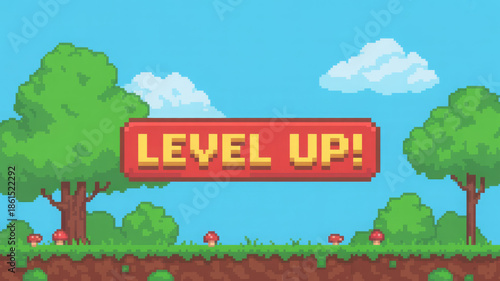 Cartoon pixelated 8 bit arcade video game, button level up achievement, vector summer day retro game nature background 
