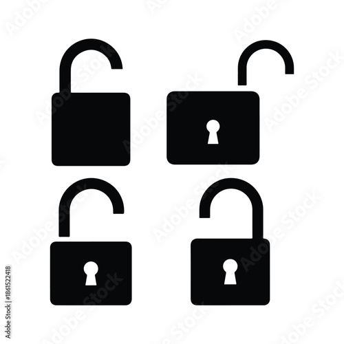Unlock Icon Silhouette Minimal Flat Vector set