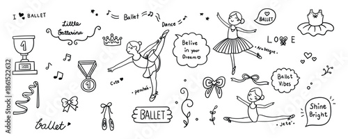 Hand drawn ballerina and item element line doodle concept set. Illustration vector design.