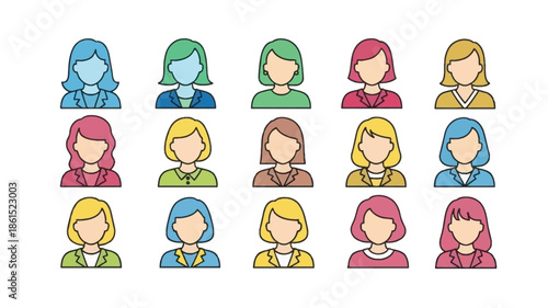 Diverse group of female avatar icons with varying hair colors and styles