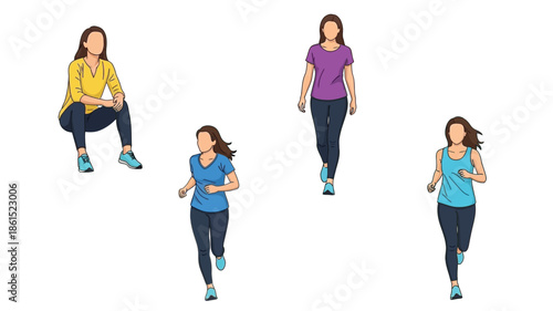 Four illustrated women depicted in various active poses and casual attire