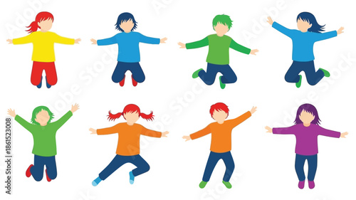 Colorful cartoon children jumping with arms outstretched in a playful scene