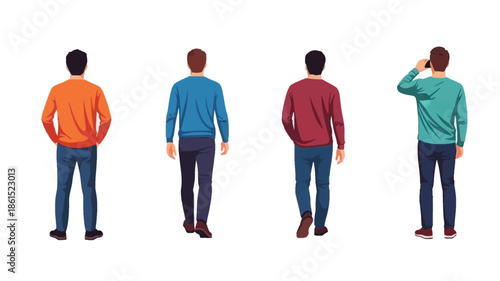 Four men viewed from behind each wearing different colored shirts and jeans