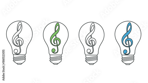 Four lightbulbs each containing a differently colored musical treble clef
