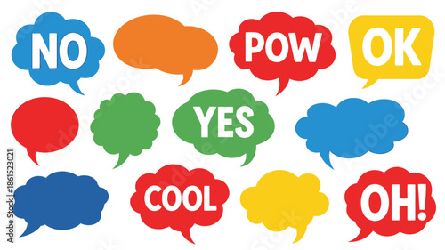 Colorful speech bubbles displaying various expressions and affirmative or negative responses