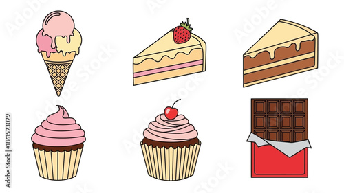 Assorted delicious desserts ice cream cake cupcakes chocolate and sweet treats