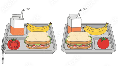 School lunch tray with sandwich milk banana and tomato illustration