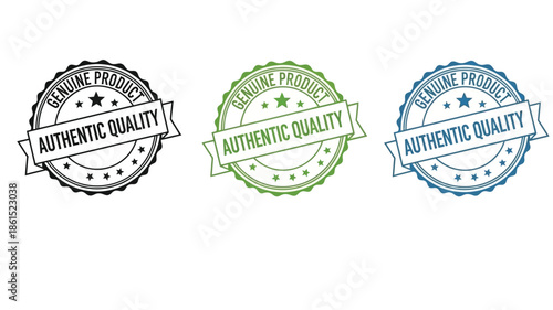 Three authentic quality product seals in grayscale green and blue hues