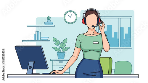 Modern vector illustration of customer service agent wearing headset at office desk, professional customer support, help desk, and service industry concept for business and SaaS use