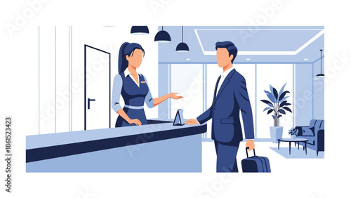Modern vector illustration of hotel receptionist welcoming guest at front desk in modern lobby, hospitality service industry, travel accommodation, and customer experience concept