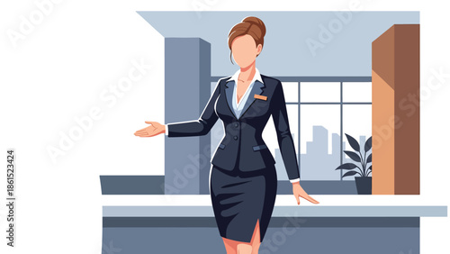 Modern vector illustration of hotel receptionist welcoming guest at front desk in modern lobby, hospitality service industry, travel accommodation, and customer experience concept